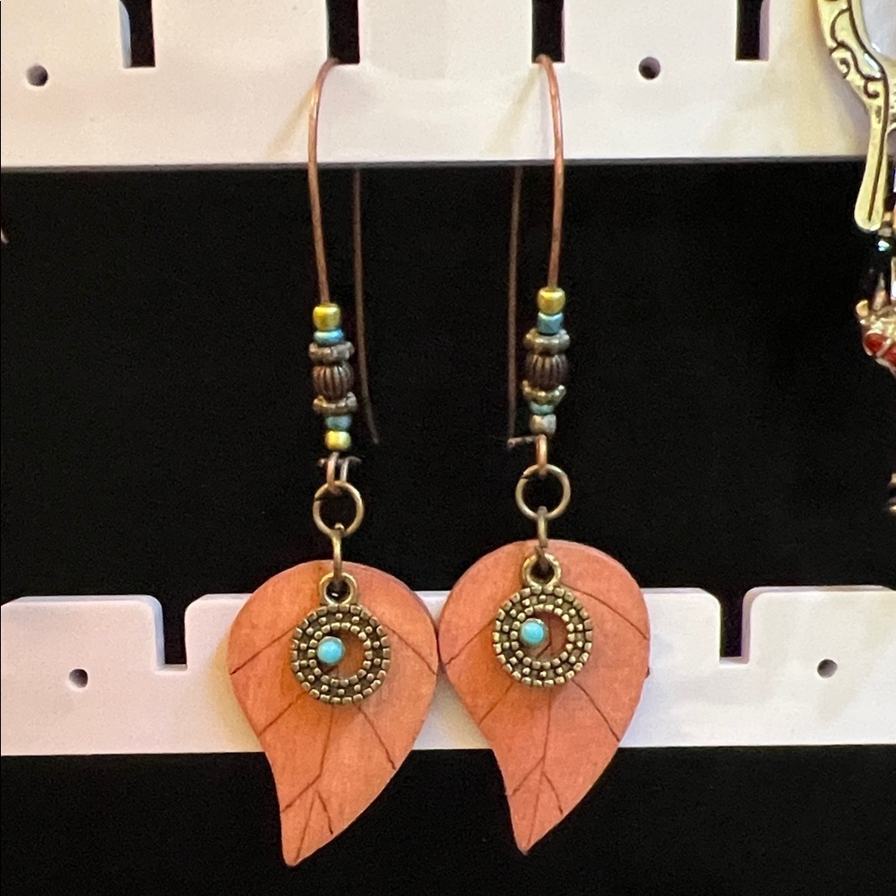Leaf Design Earrings with Turquoise Accents